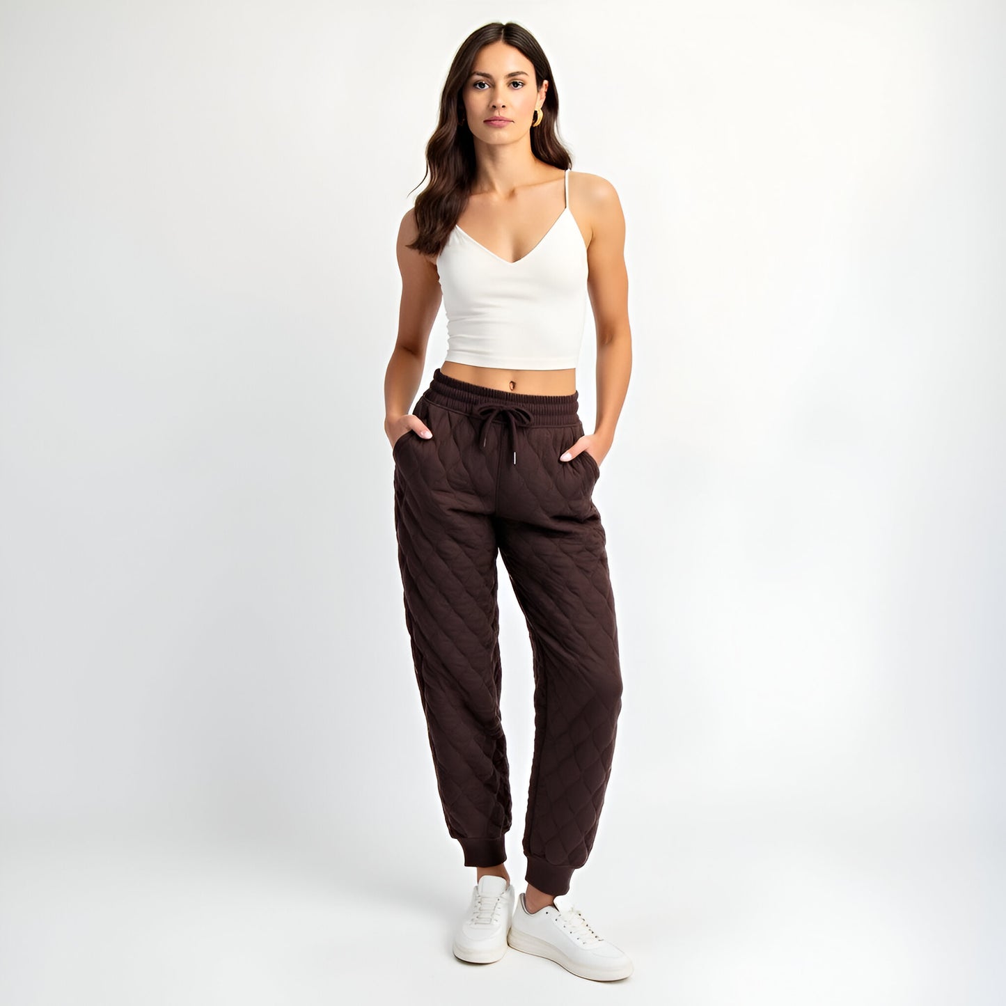 Quilted Drawstring Jogger Pants with Ribbed Cuffs and Side Pockets