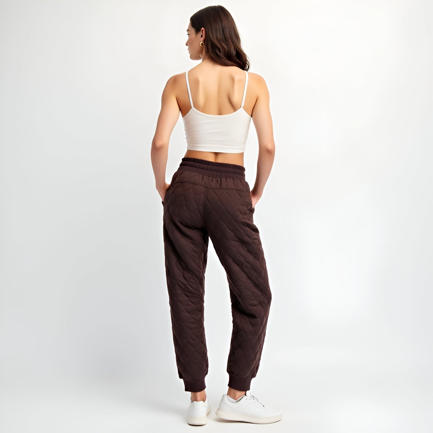 Quilted Drawstring Jogger Pants with Ribbed Cuffs and Side Pockets