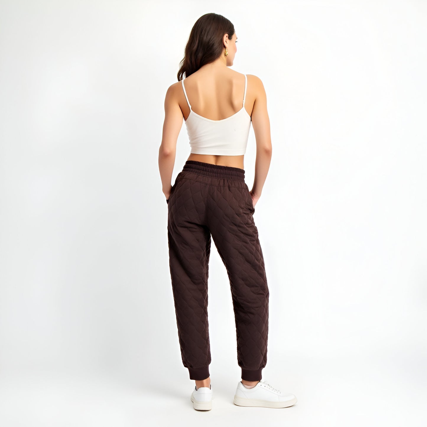 Quilted Drawstring Jogger Pants with Ribbed Cuffs and Side Pockets