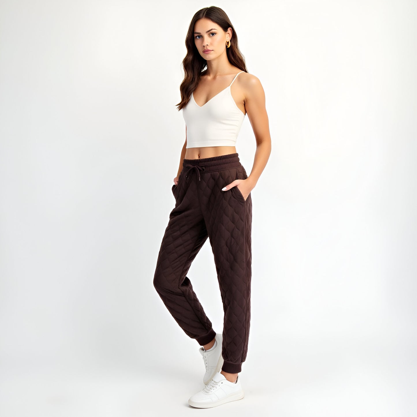 Quilted Drawstring Jogger Pants with Ribbed Cuffs and Side Pockets