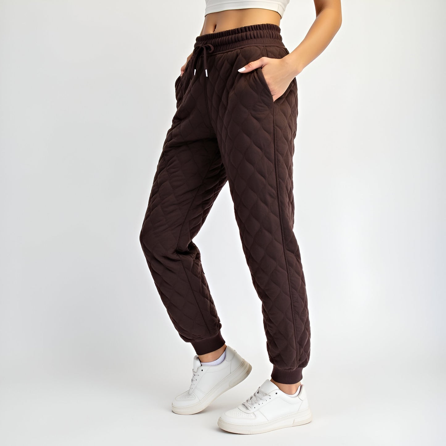 Quilted Drawstring Jogger Pants with Ribbed Cuffs and Side Pockets