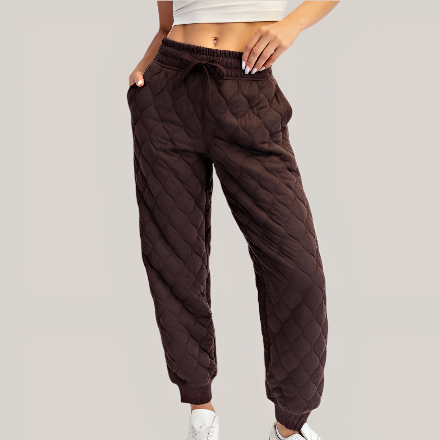 Quilted Drawstring Jogger Pants with Ribbed Cuffs and Side Pockets