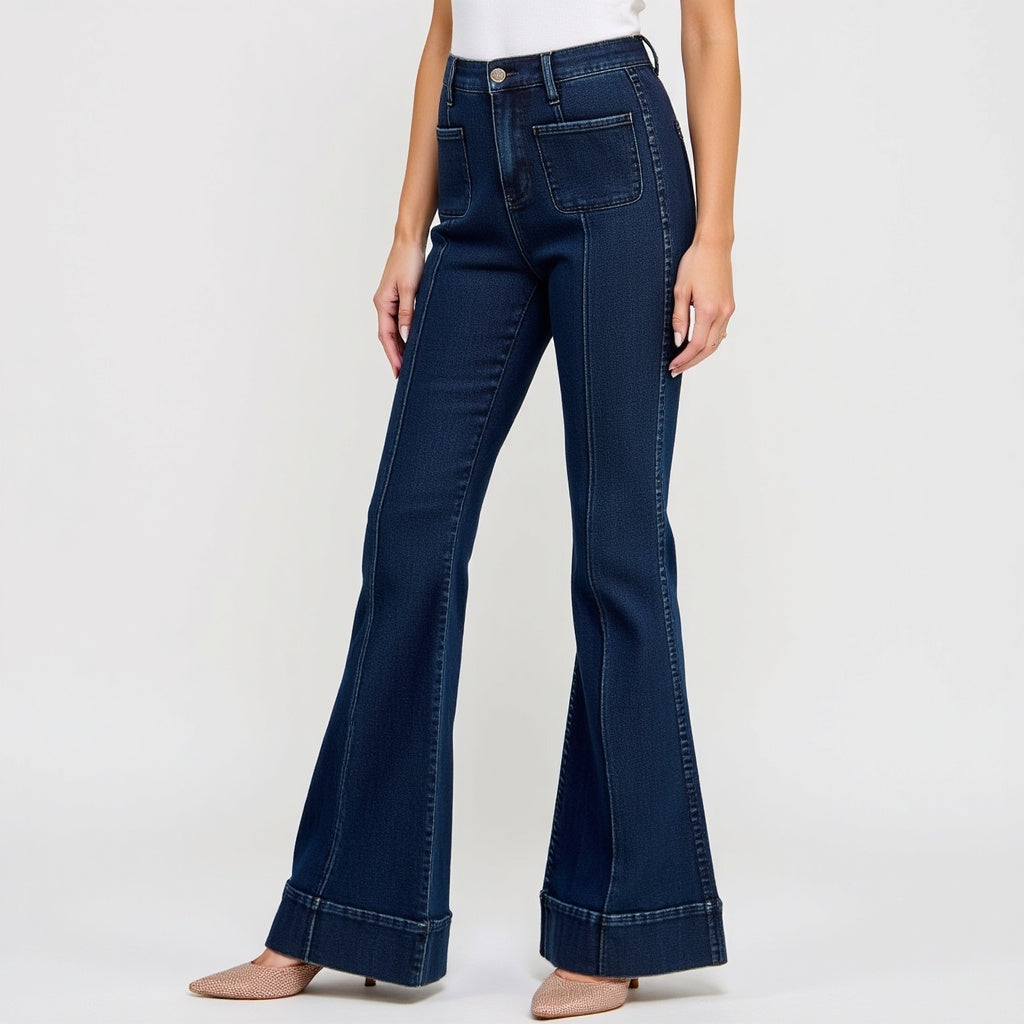 High Waist Flare Jeans with Cuffed Hem and Front Patch Pockets