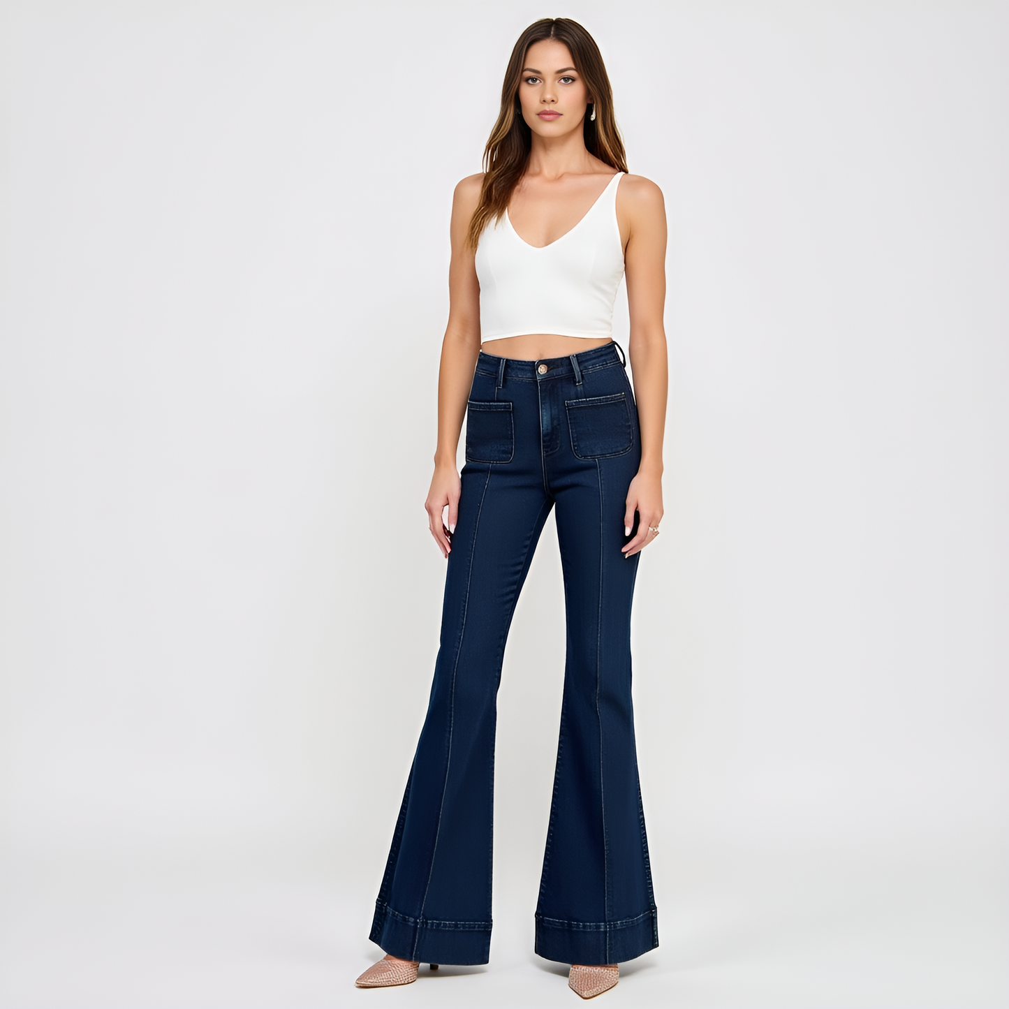 High Waist Flare Jeans with Cuffed Hem and Front Patch Pockets