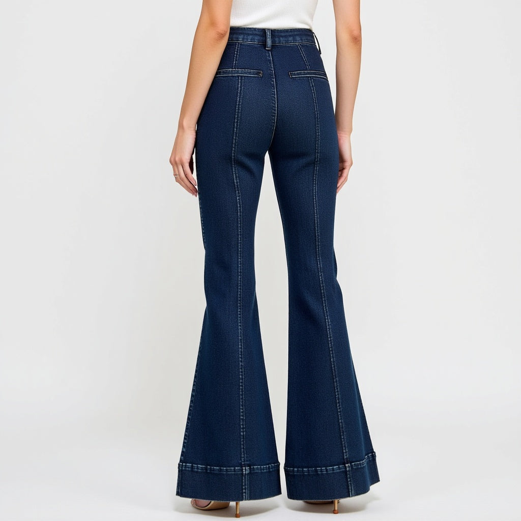 High Waist Flare Jeans with Cuffed Hem and Front Patch Pockets