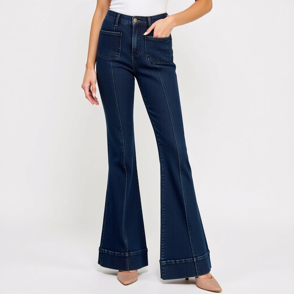 High Waist Flare Jeans with Cuffed Hem and Front Patch Pockets