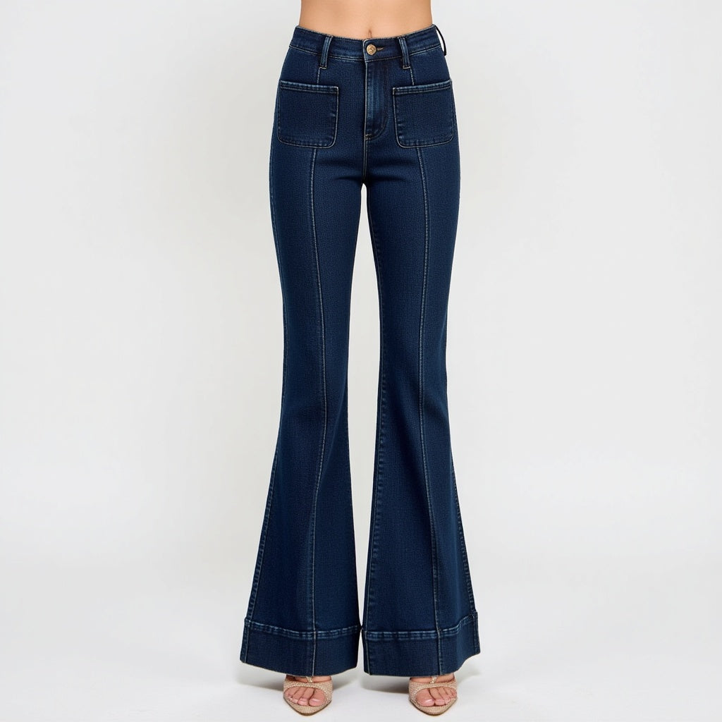 High Waist Flare Jeans with Cuffed Hem and Front Patch Pockets