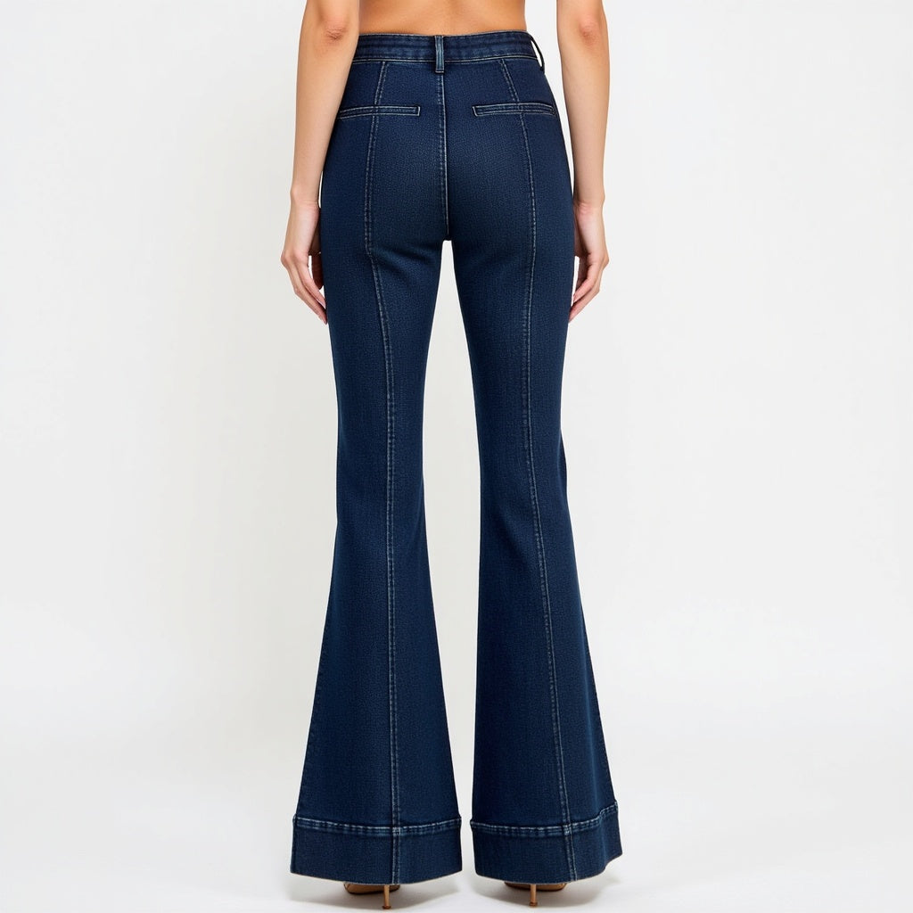 High Waist Flare Jeans with Cuffed Hem and Front Patch Pockets