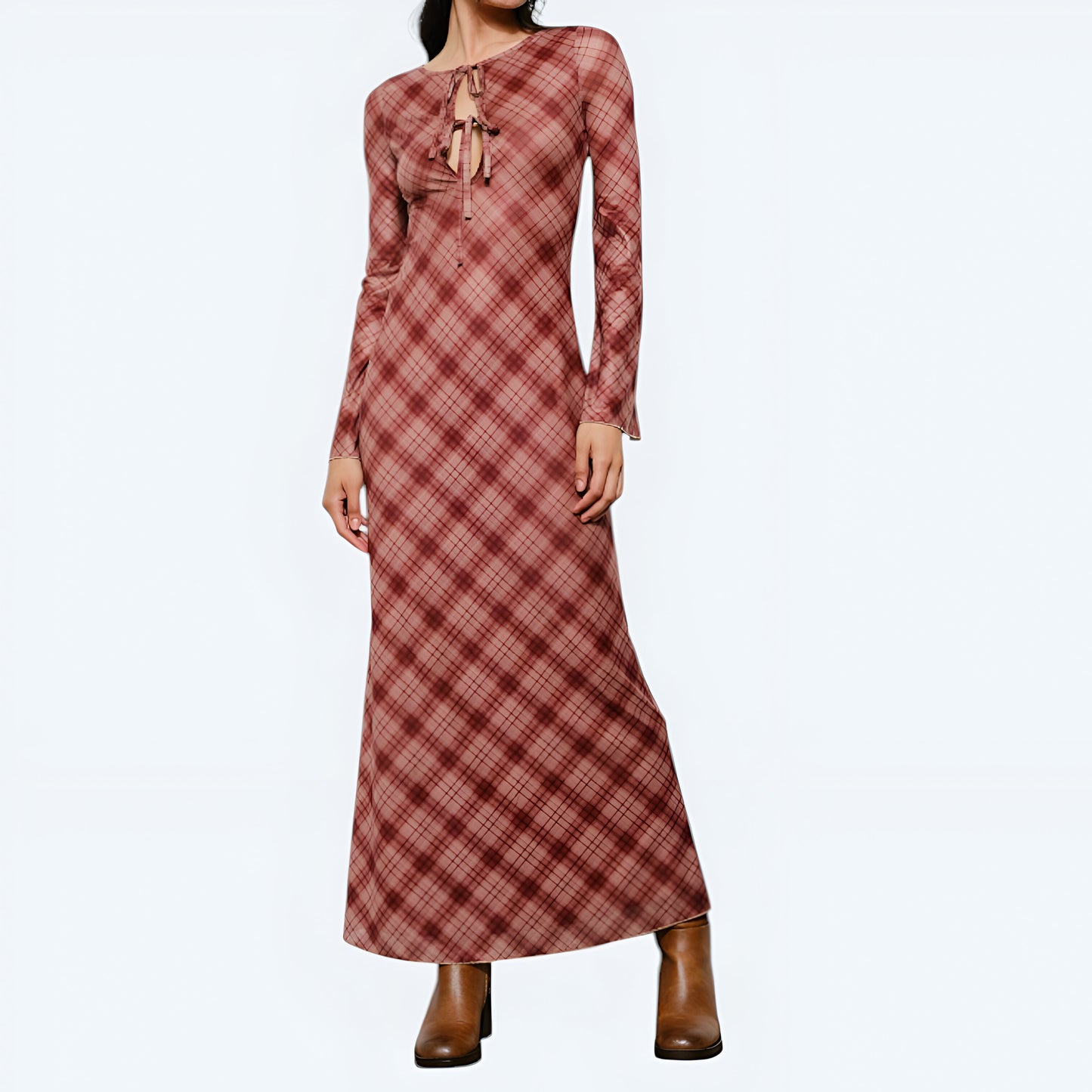 Plaid Long Sleeve Maxi Dress with Front Tie Detail and Subtle Flared Cuffs