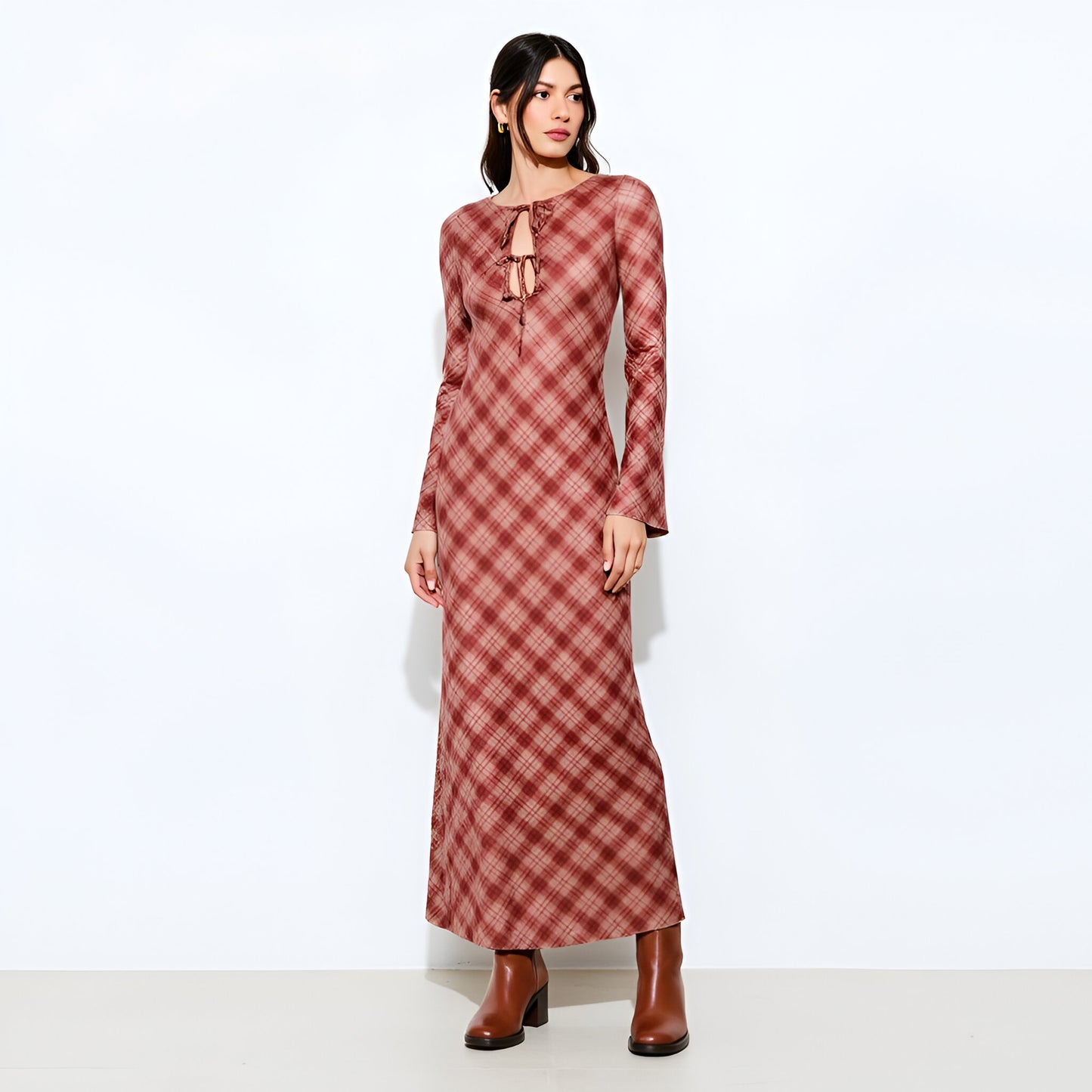 Plaid Long Sleeve Maxi Dress with Front Tie Detail and Subtle Flared Cuffs