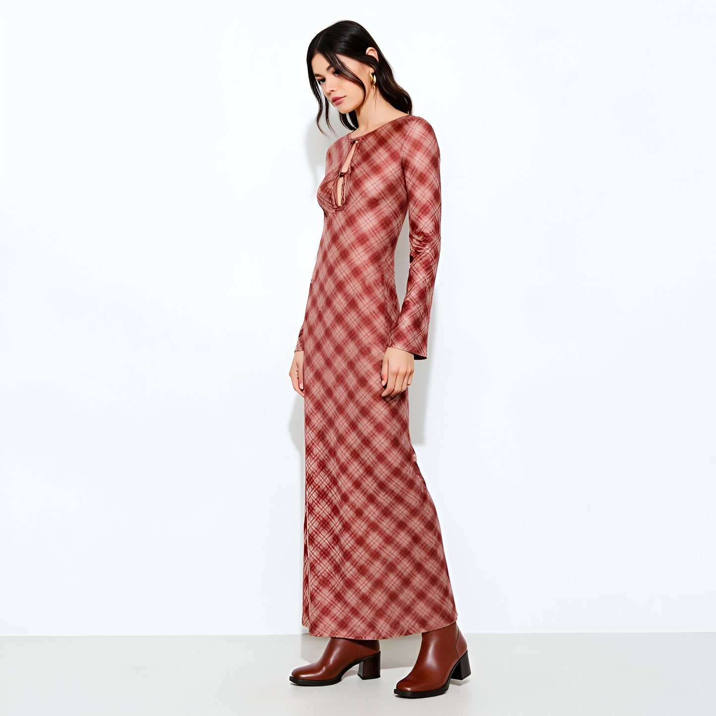 Plaid Long Sleeve Maxi Dress with Front Tie Detail and Subtle Flared Cuffs