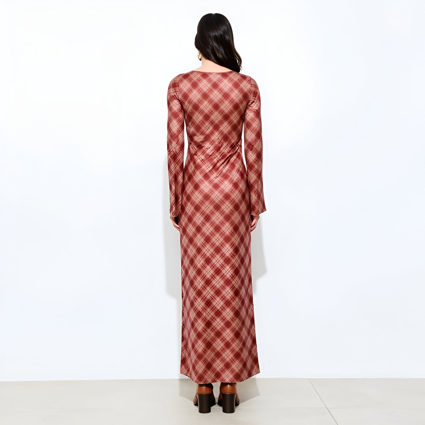 Plaid Long Sleeve Maxi Dress with Front Tie Detail and Subtle Flared Cuffs