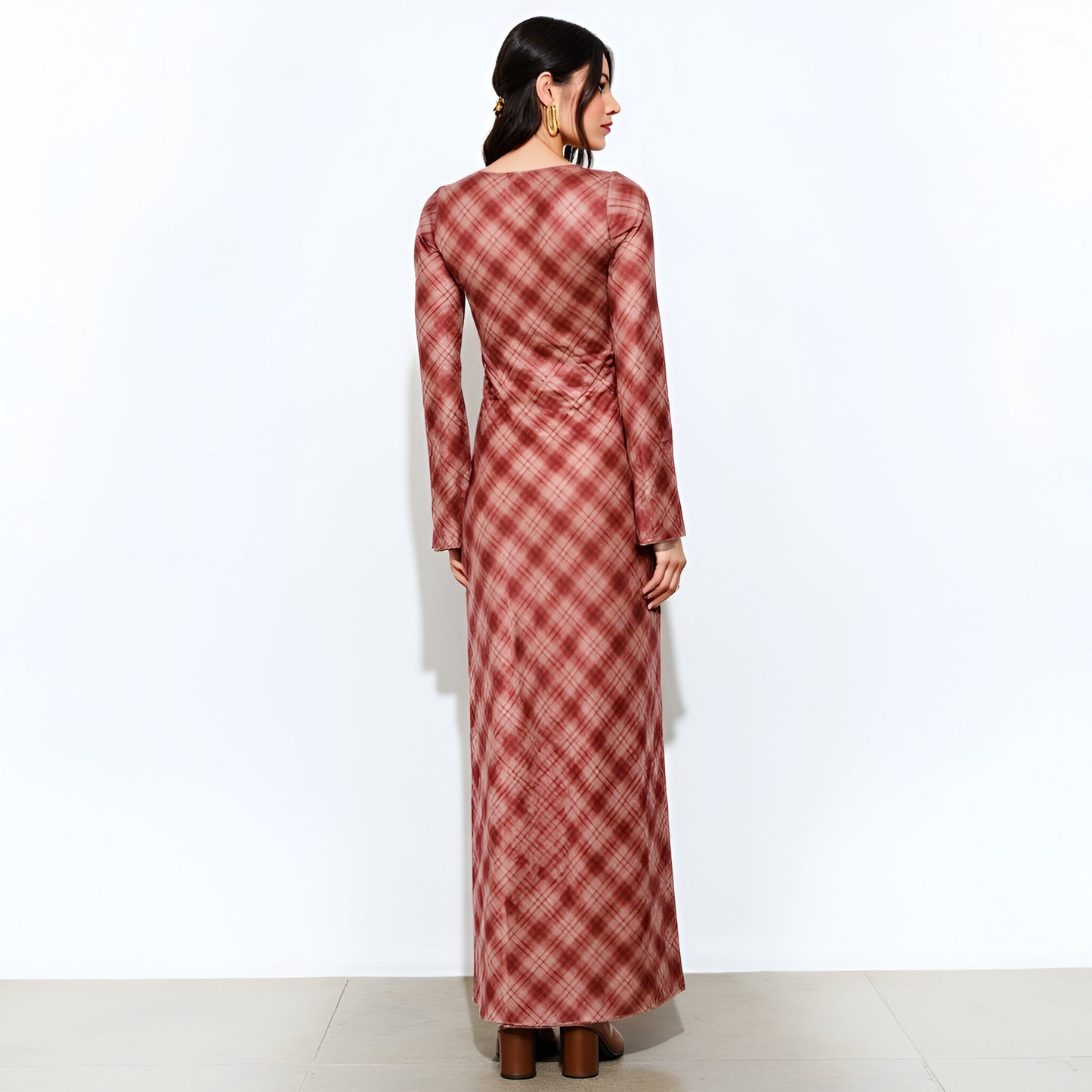 Plaid Long Sleeve Maxi Dress with Front Tie Detail and Subtle Flared Cuffs