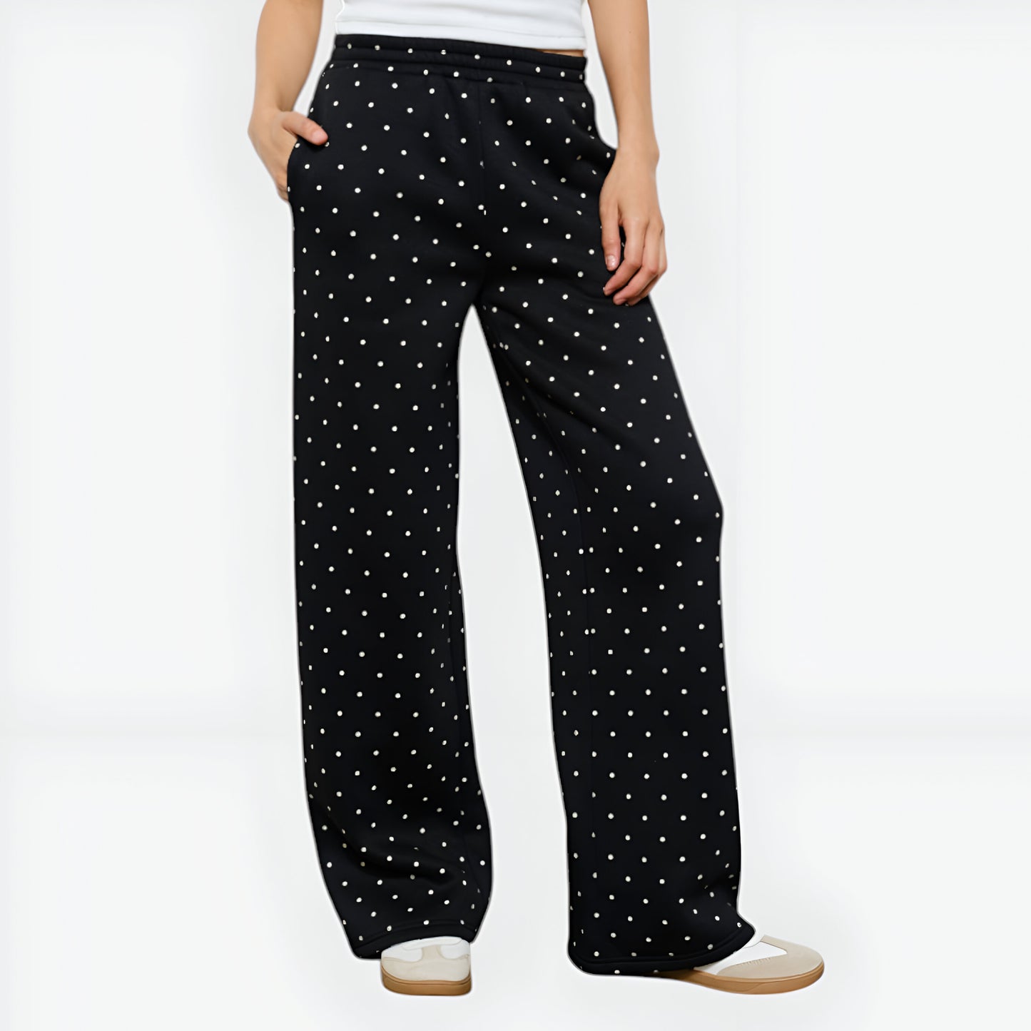 Polka Dot Wide-Leg Knit Pants with Elastic Waist and Pockets