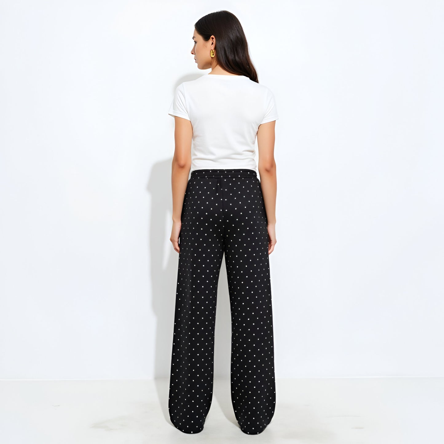 Polka Dot Wide-Leg Knit Pants with Elastic Waist and Pockets