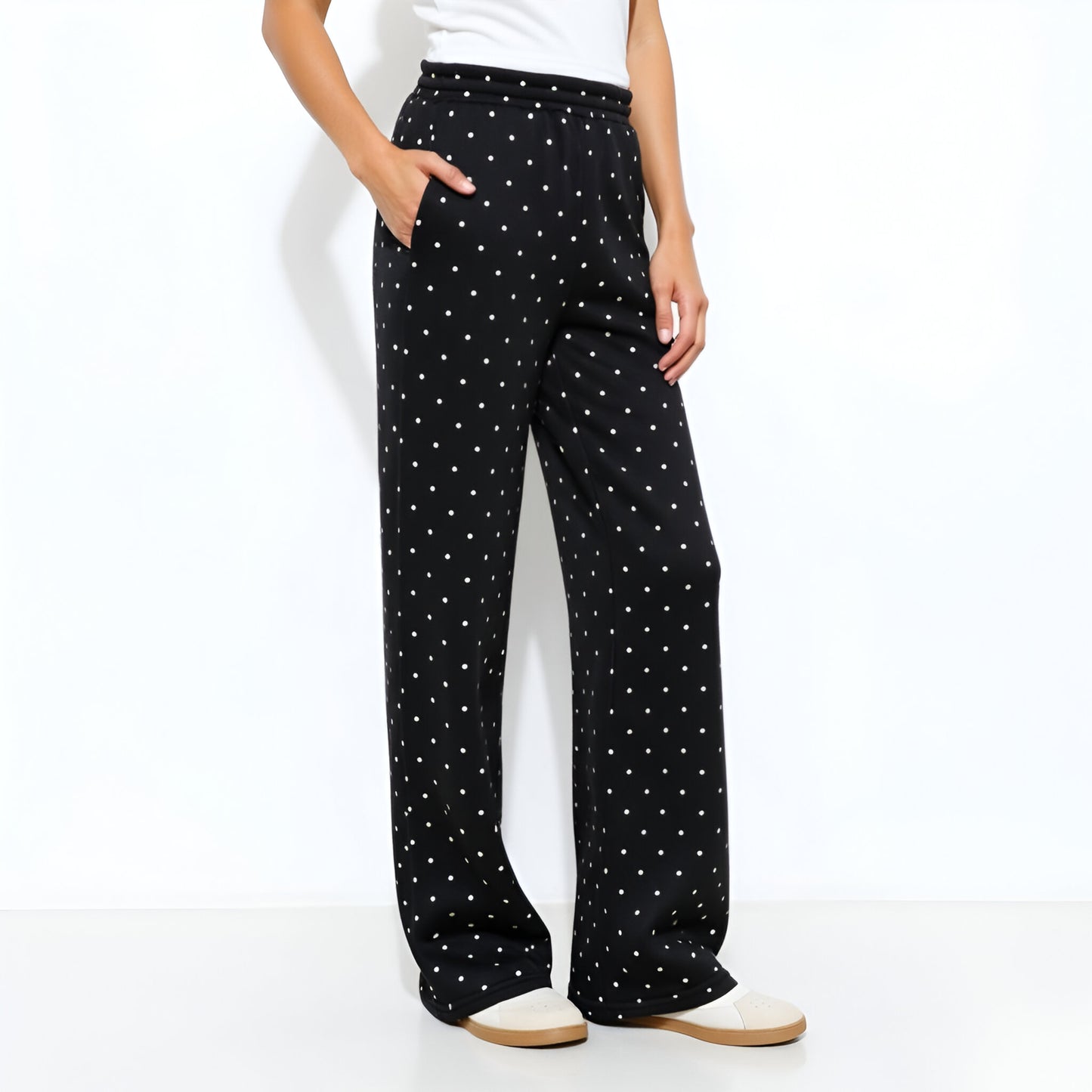 Polka Dot Wide-Leg Knit Pants with Elastic Waist and Pockets