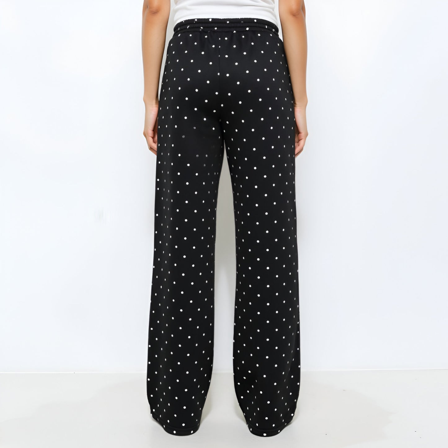 Polka Dot Wide-Leg Knit Pants with Elastic Waist and Pockets