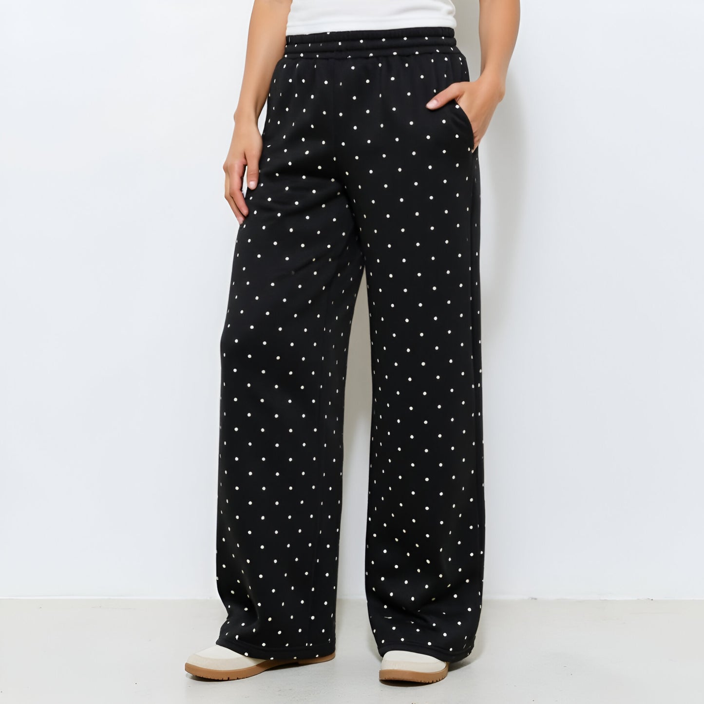 Polka Dot Wide-Leg Knit Pants with Elastic Waist and Pockets