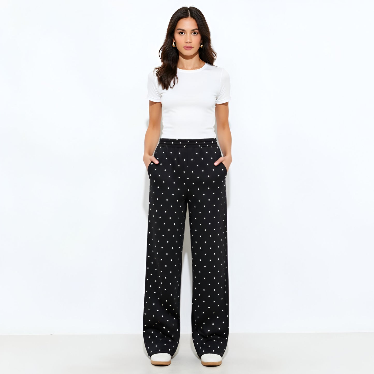 Polka Dot Wide-Leg Knit Pants with Elastic Waist and Pockets