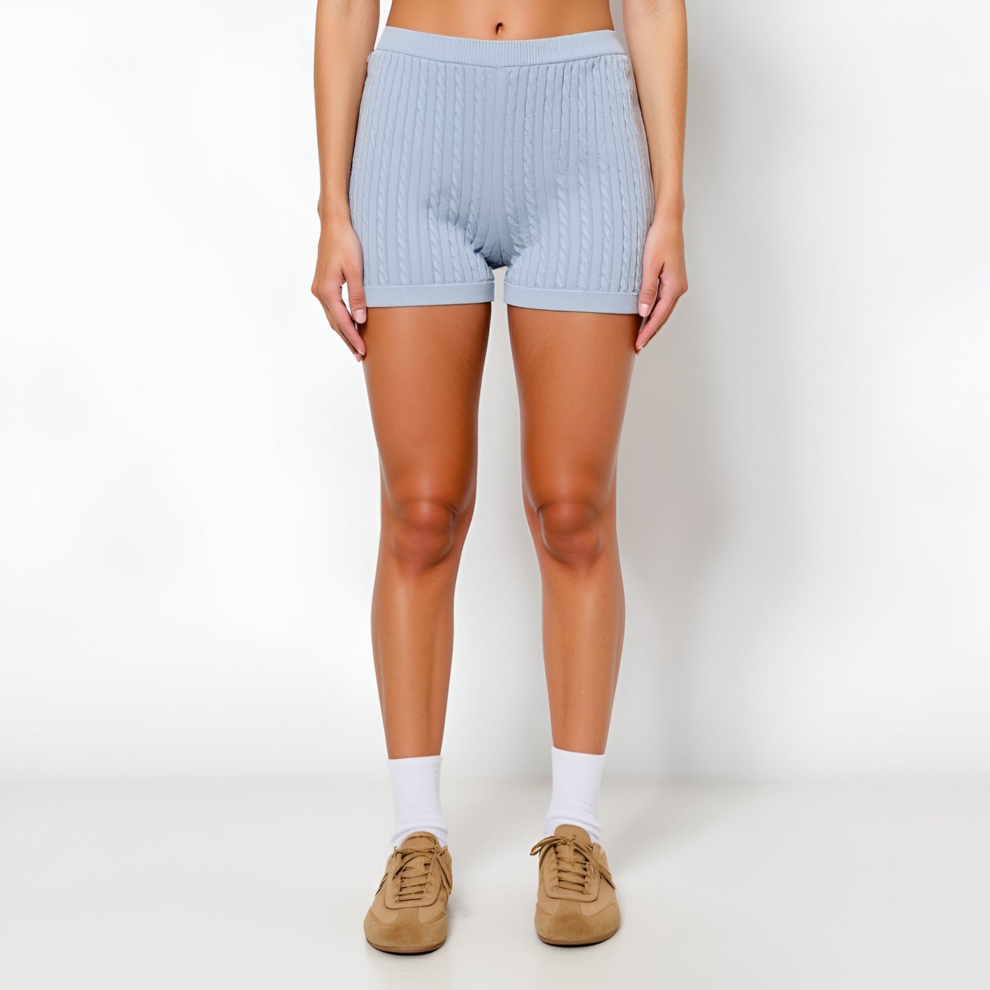 Cable Knit High Waist Sweater Shorts with Ribbed Waistband and Hem