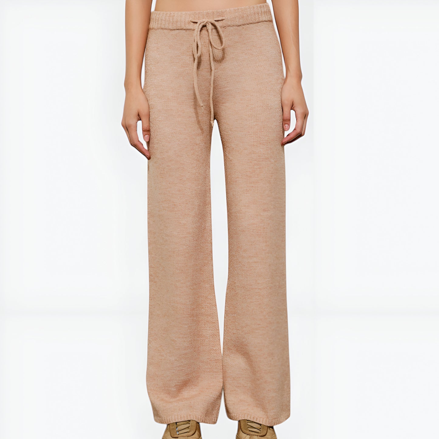 Wide Leg Knit Lounge Pants with Drawstring Waistband and Ribbed Hem Detail