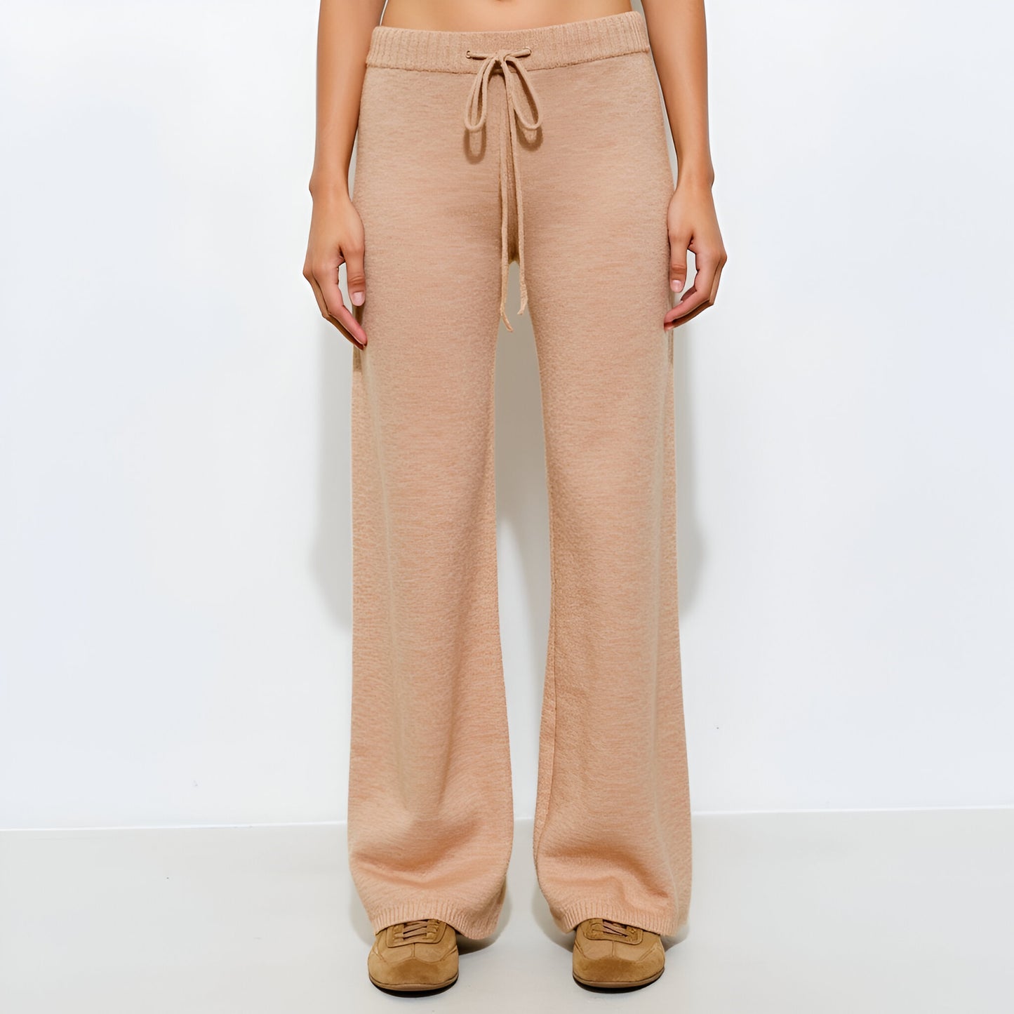 Wide Leg Knit Lounge Pants with Drawstring Waistband and Ribbed Hem Detail