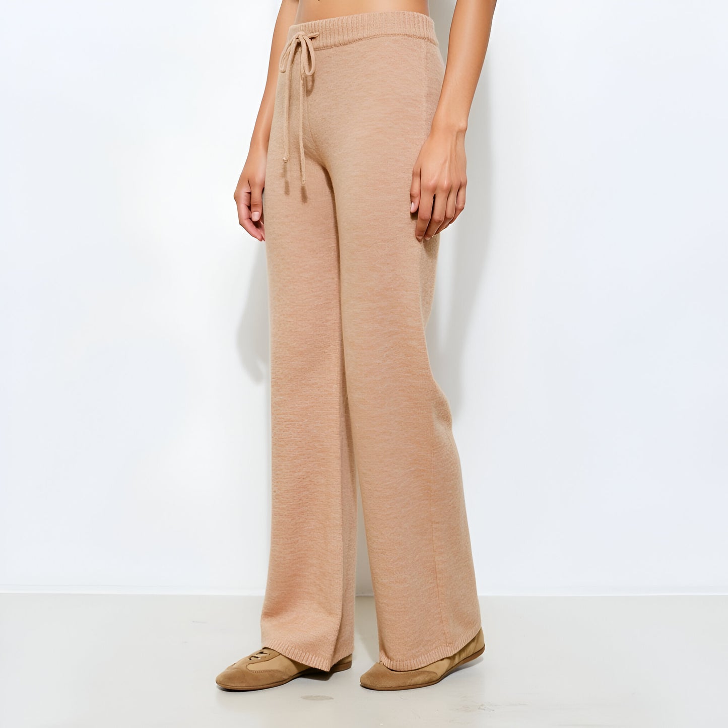 Wide Leg Knit Lounge Pants with Drawstring Waistband and Ribbed Hem Detail
