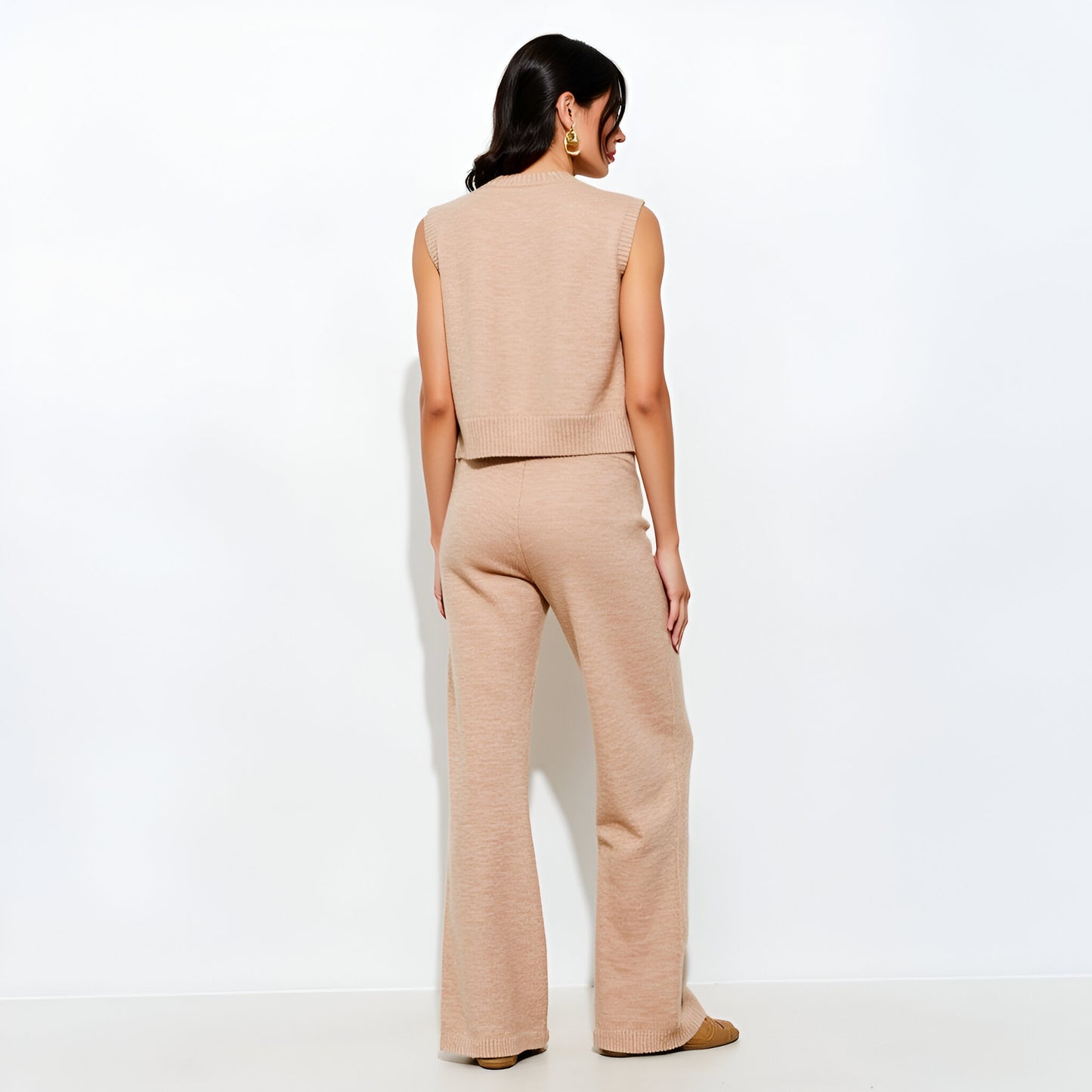 Wide Leg Knit Lounge Pants with Drawstring Waistband and Ribbed Hem Detail