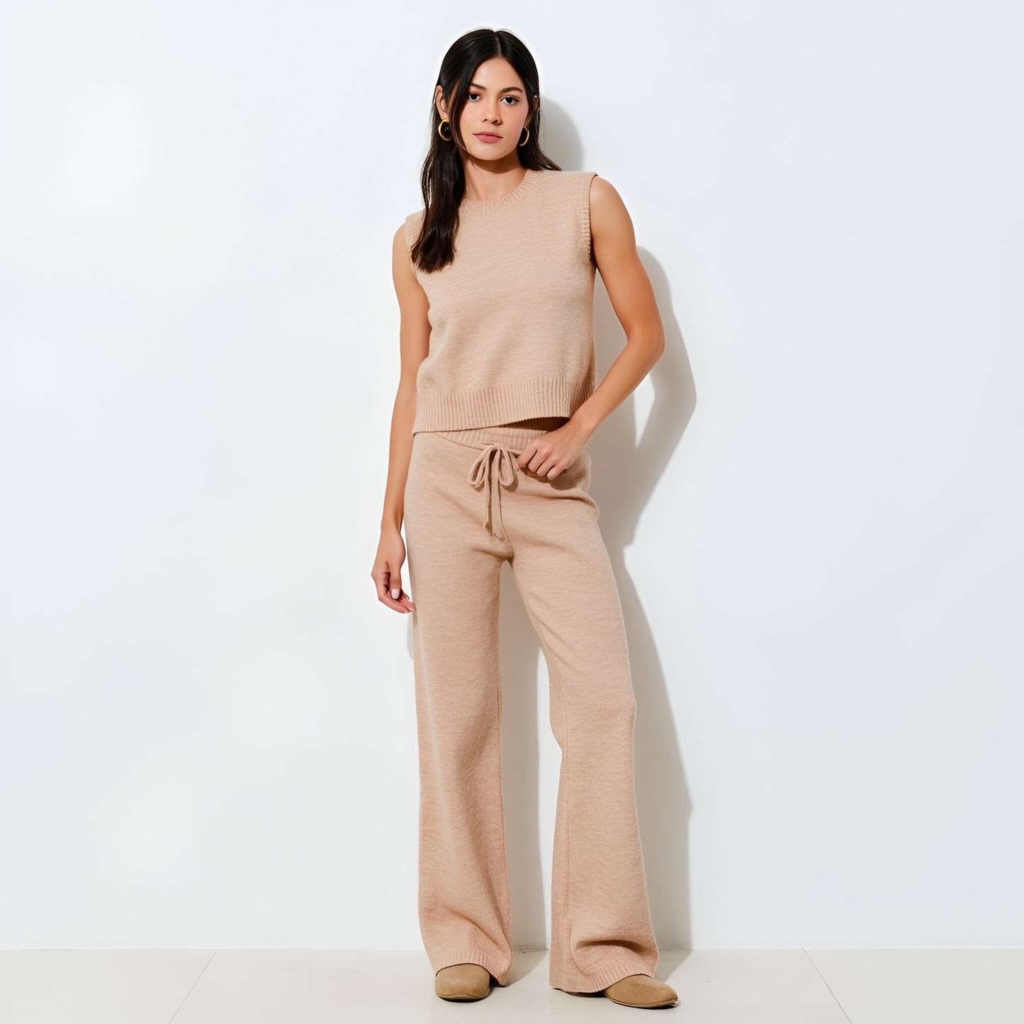 Wide Leg Knit Lounge Pants with Drawstring Waistband and Ribbed Hem Detail