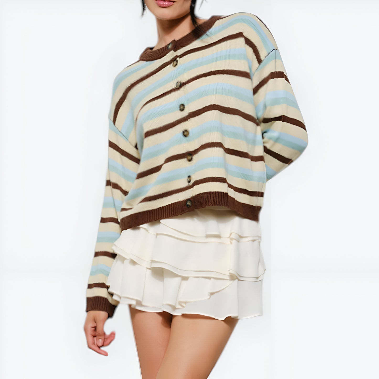 Striped Crewneck Cardigan with Ribbed Trim and Button Front Closure
