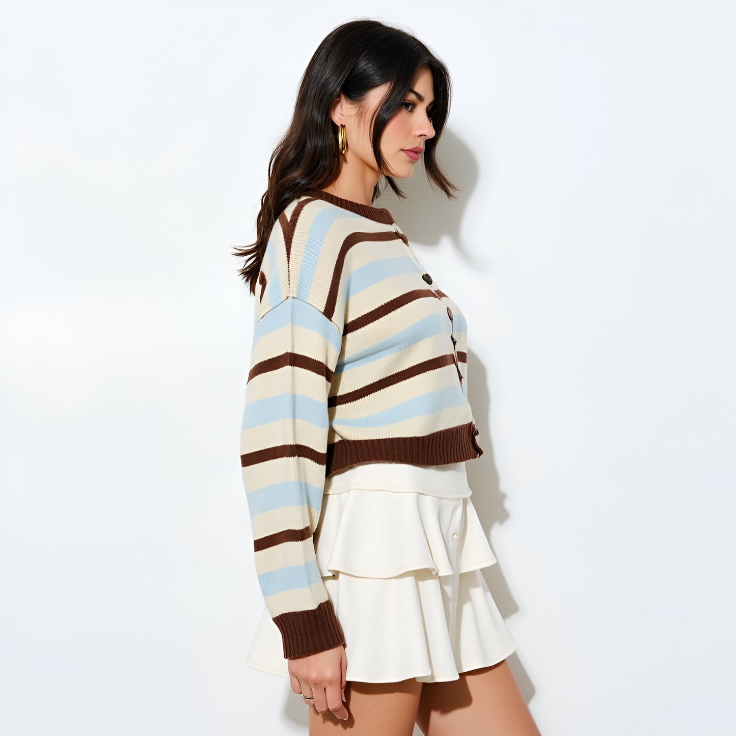 Striped Crewneck Cardigan with Ribbed Trim and Button Front Closure