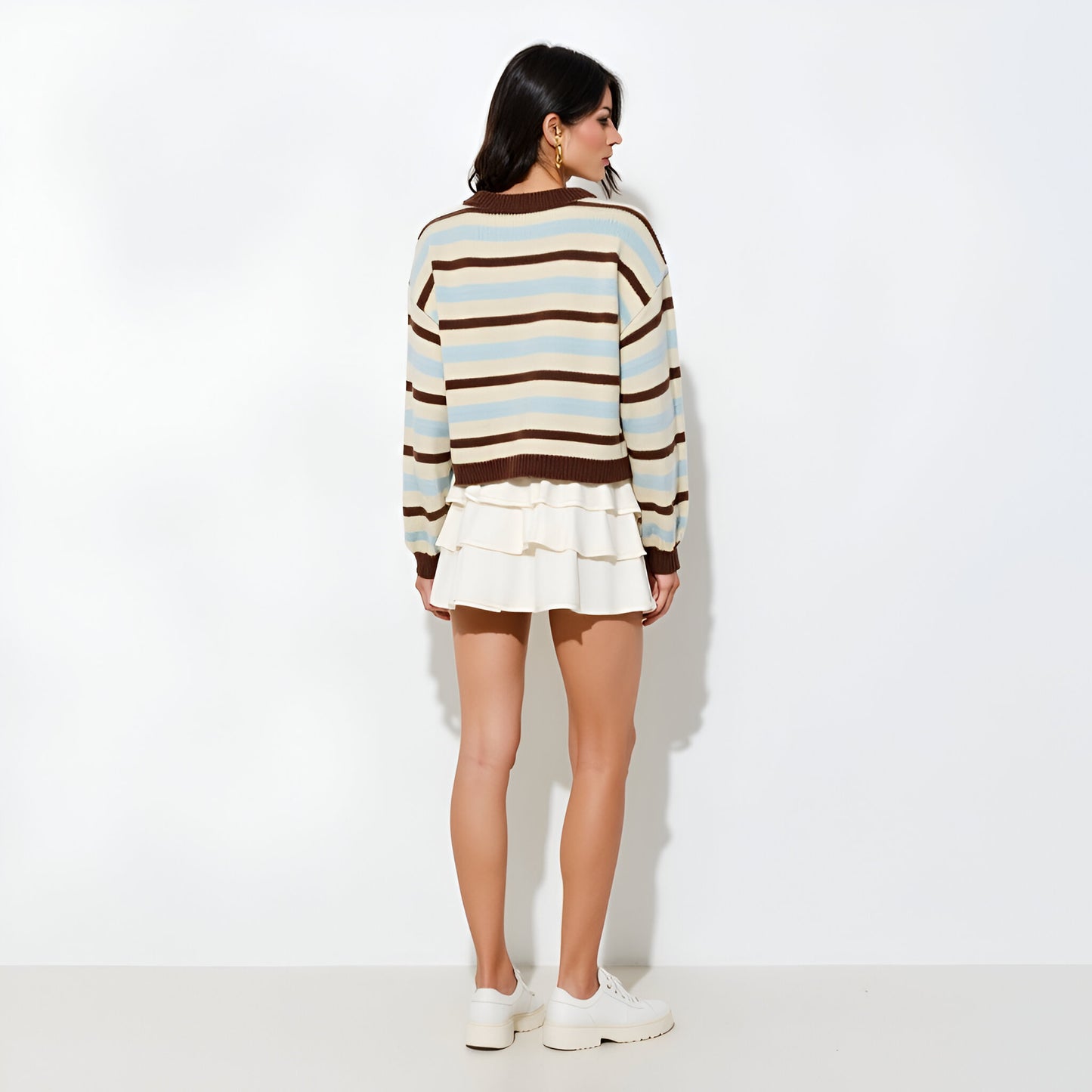 Striped Crewneck Cardigan with Ribbed Trim and Button Front Closure