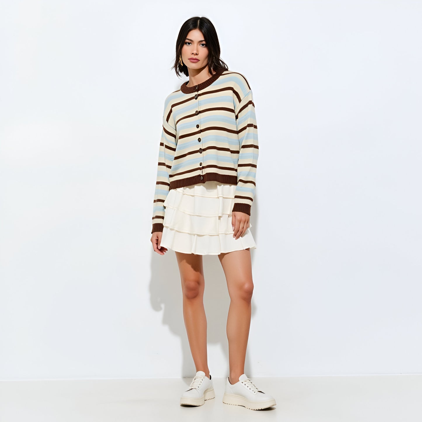 Striped Crewneck Cardigan with Ribbed Trim and Button Front Closure