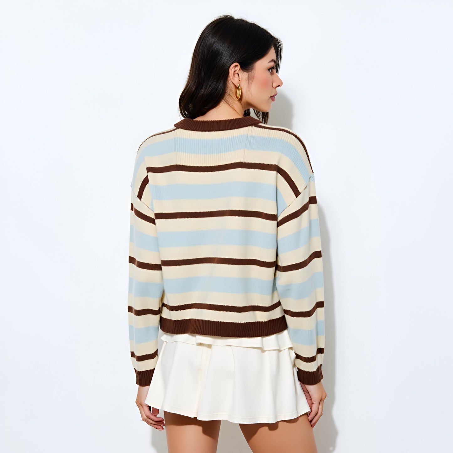 Striped Crewneck Cardigan with Ribbed Trim and Button Front Closure