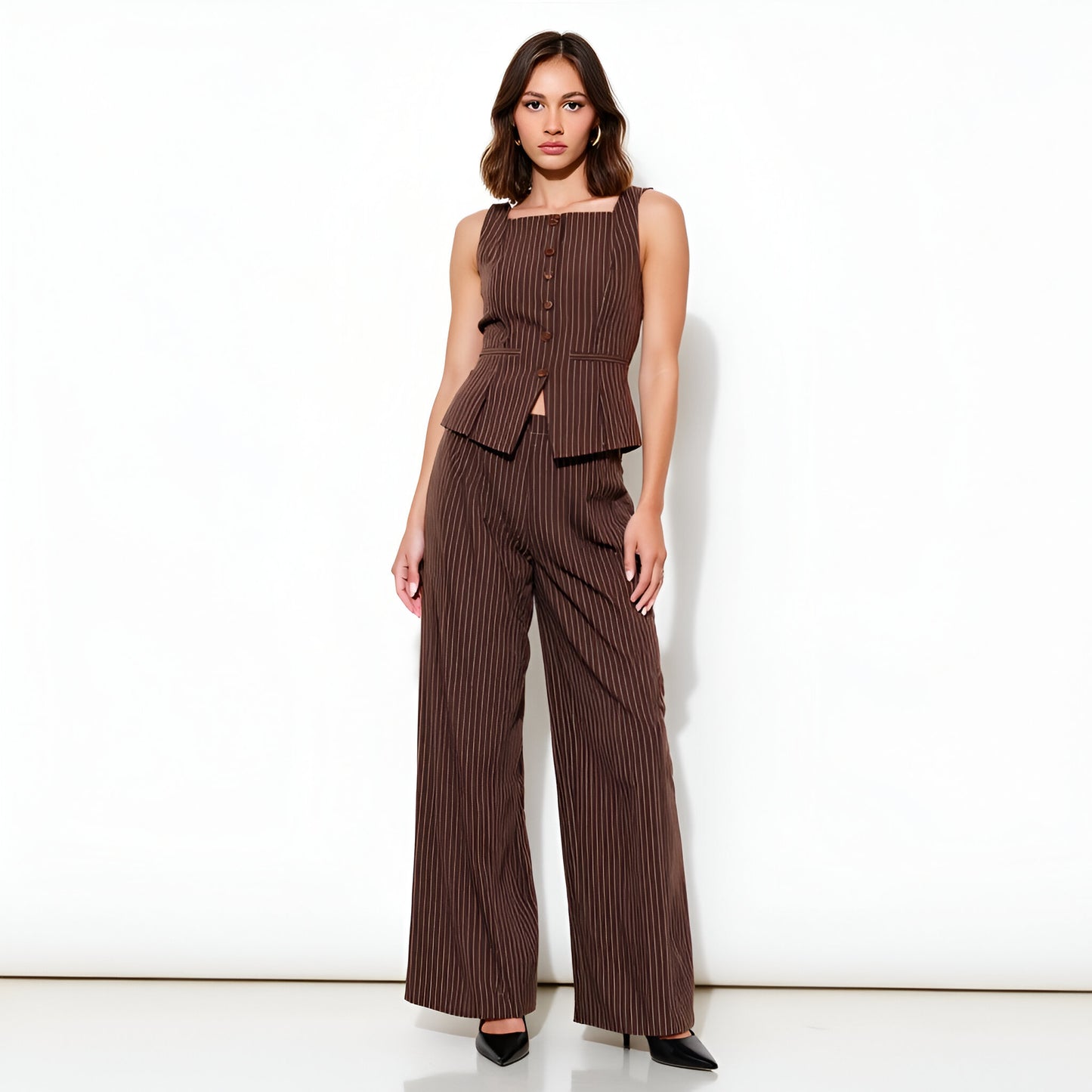 Square Neck Pinstripe Corset Top with Peplum and Lace-Up Back