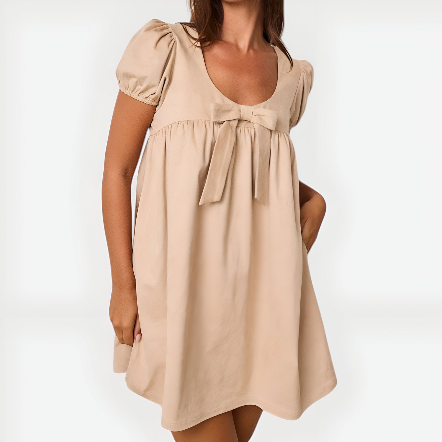 Bow Front Puff Sleeve Mini Dress with Scoop Neckline and Pockets