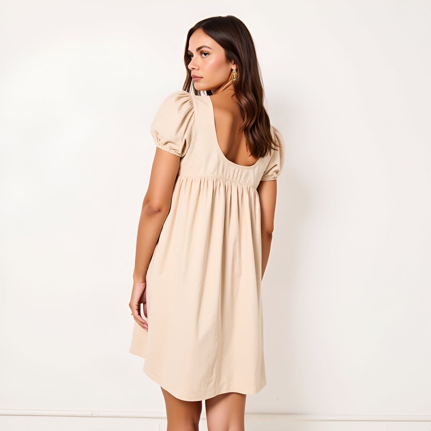 Bow Front Puff Sleeve Mini Dress with Scoop Neckline and Pockets