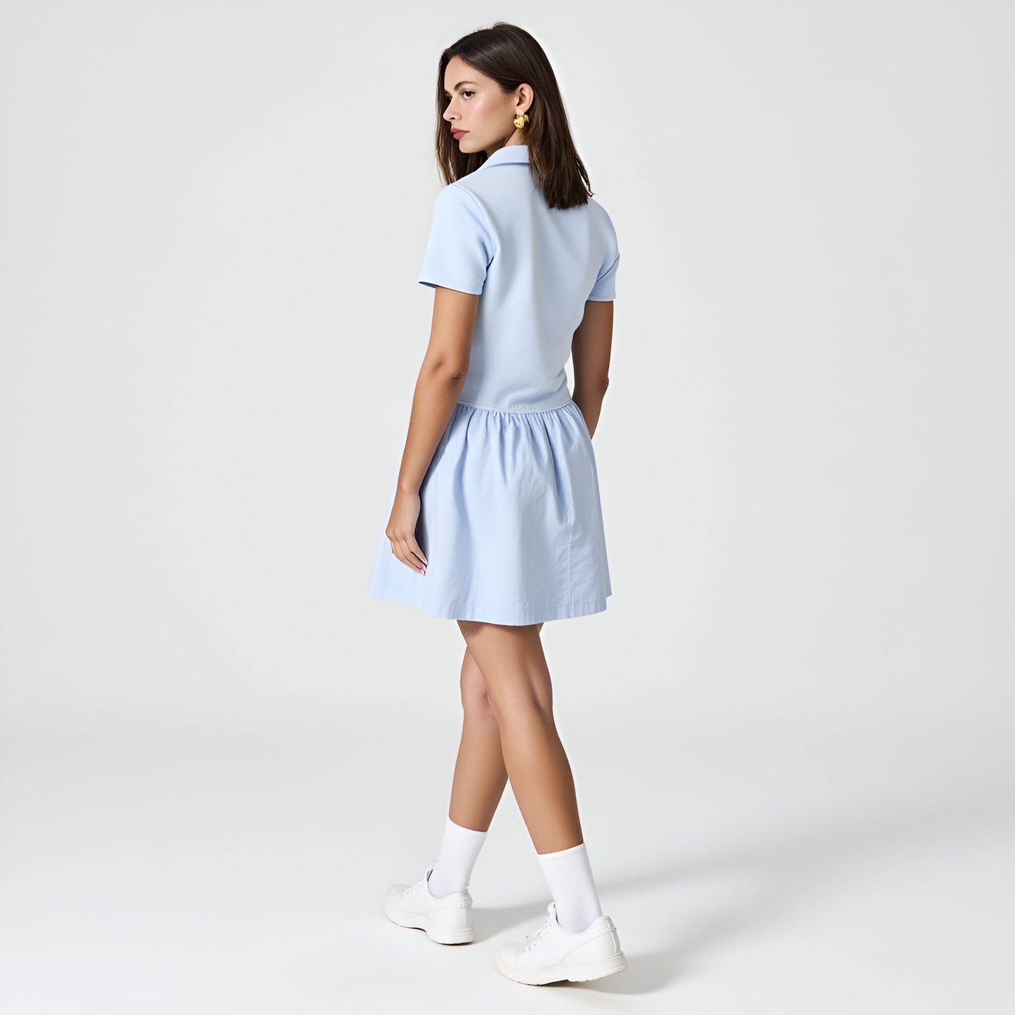 Polo Collar Mini Dress with Short Sleeves, Button Placket and Gathered Skirt
