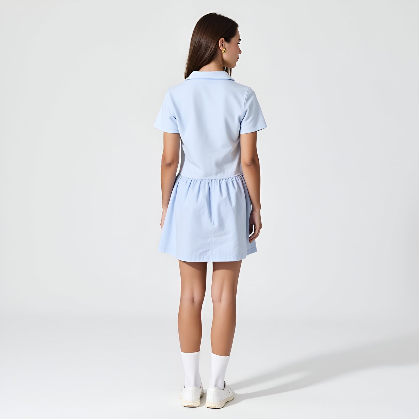 Polo Collar Mini Dress with Short Sleeves, Button Placket and Gathered Skirt