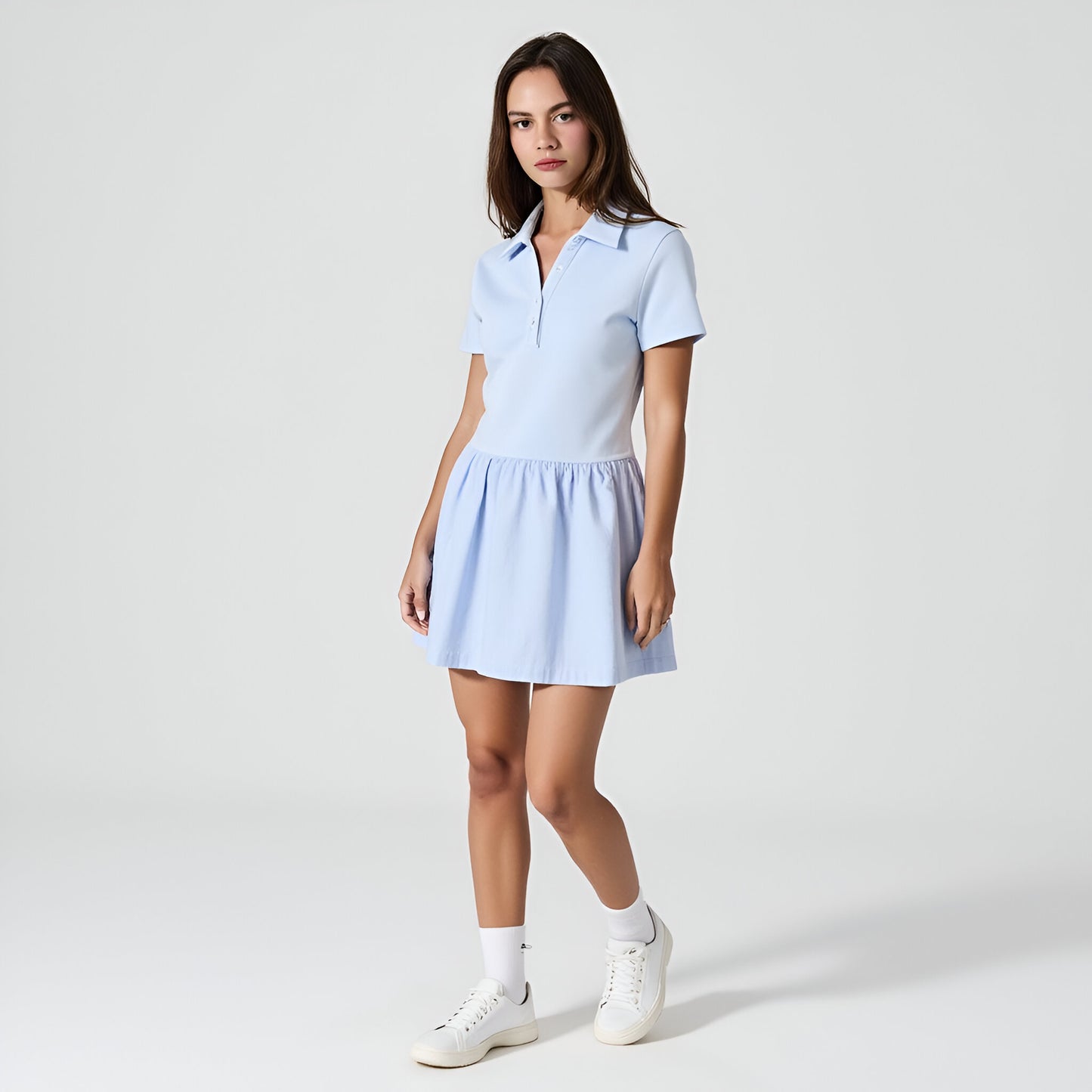 Polo Collar Mini Dress with Short Sleeves, Button Placket and Gathered Skirt