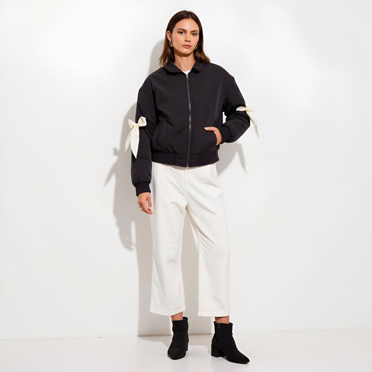 Bomber Jacket with Contrast Ribbon Bow Details and Ribbed Trim