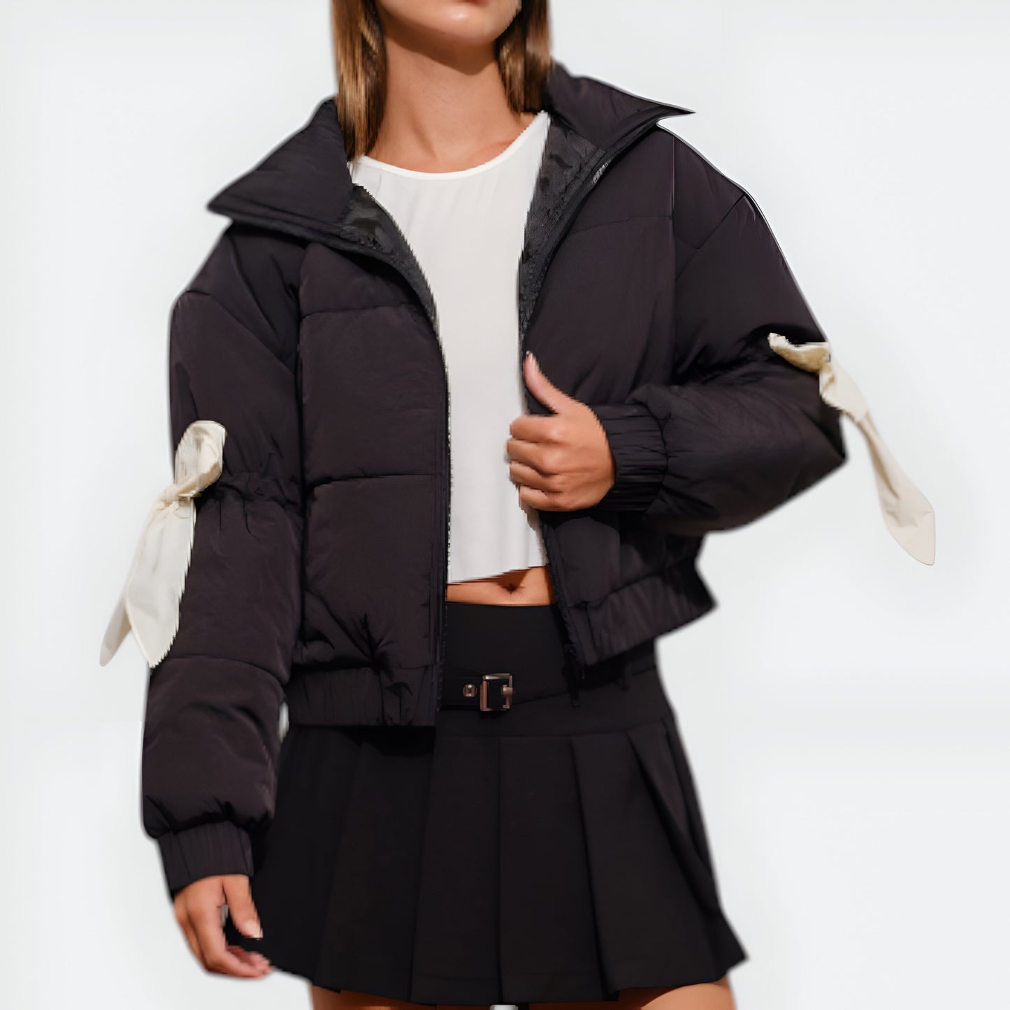 Bomber Jacket with Contrast Ribbon Bow Details and Ribbed Trim
