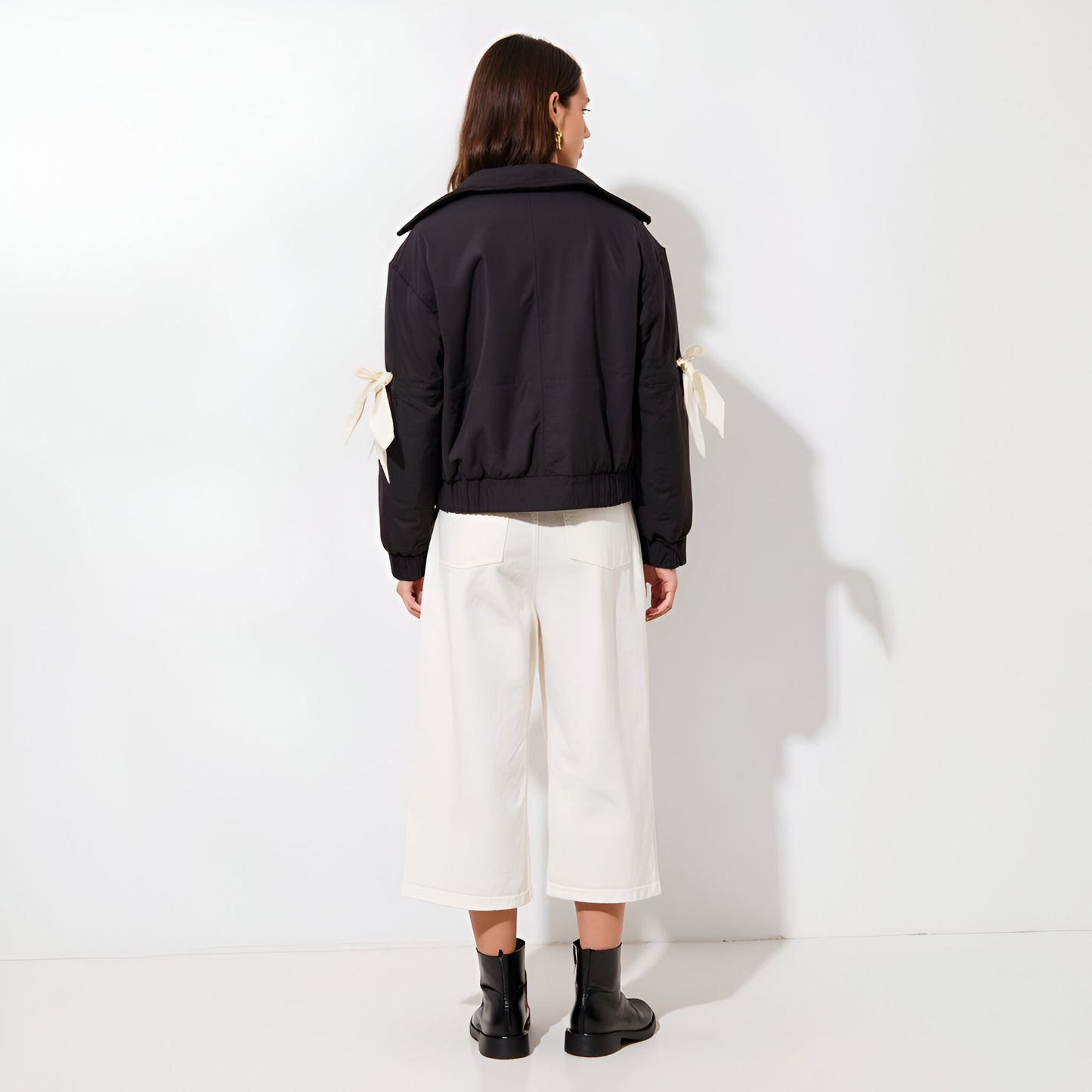 Bomber Jacket with Contrast Ribbon Bow Details and Ribbed Trim