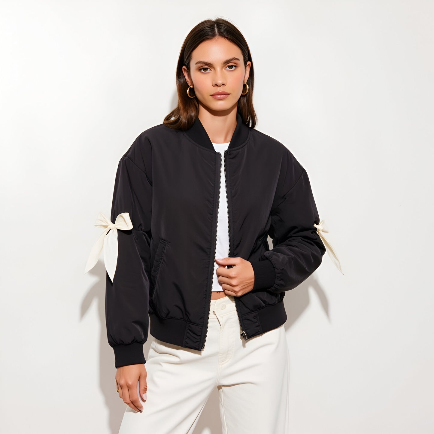 Bomber Jacket with Contrast Ribbon Bow Details and Ribbed Trim