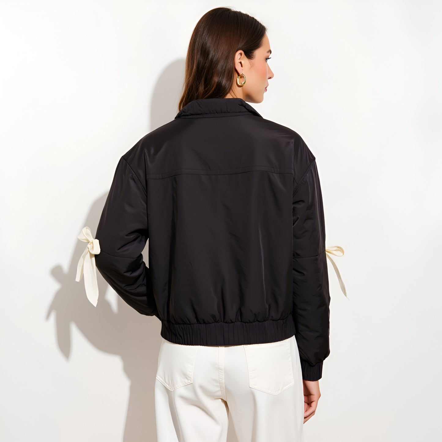 Bomber Jacket with Contrast Ribbon Bow Details and Ribbed Trim