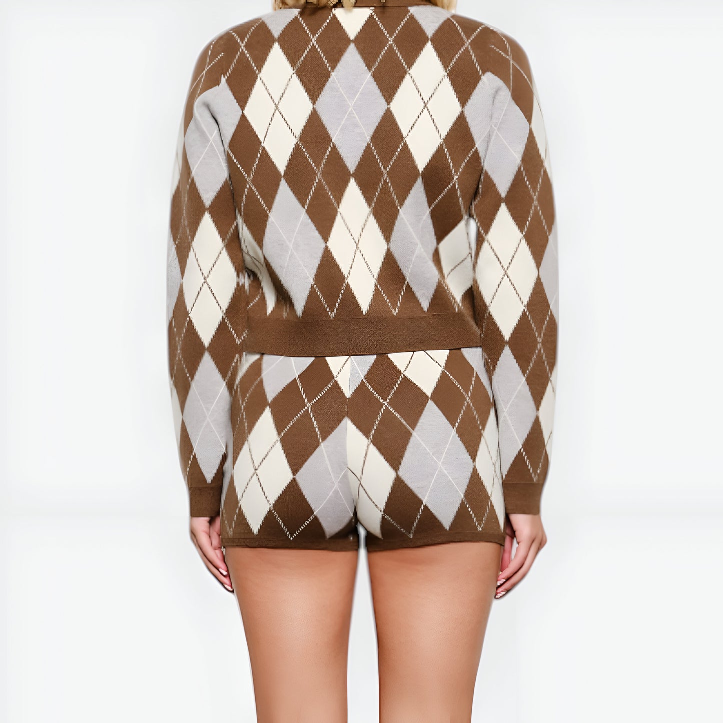 Argyle Knit High Waist Shorts with Ribbed Waistband and Fitted Hem