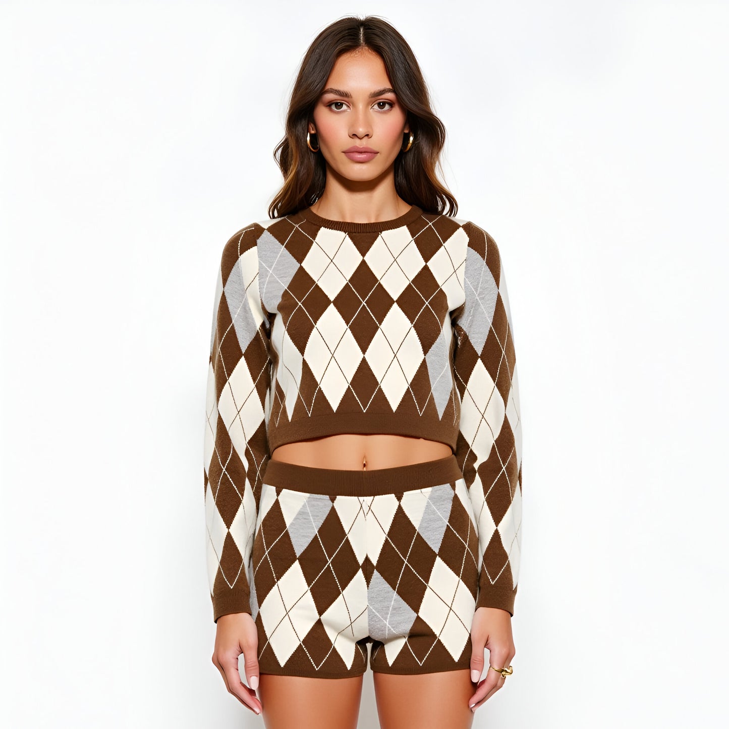 Argyle Knit High Waist Shorts with Ribbed Waistband and Fitted Hem