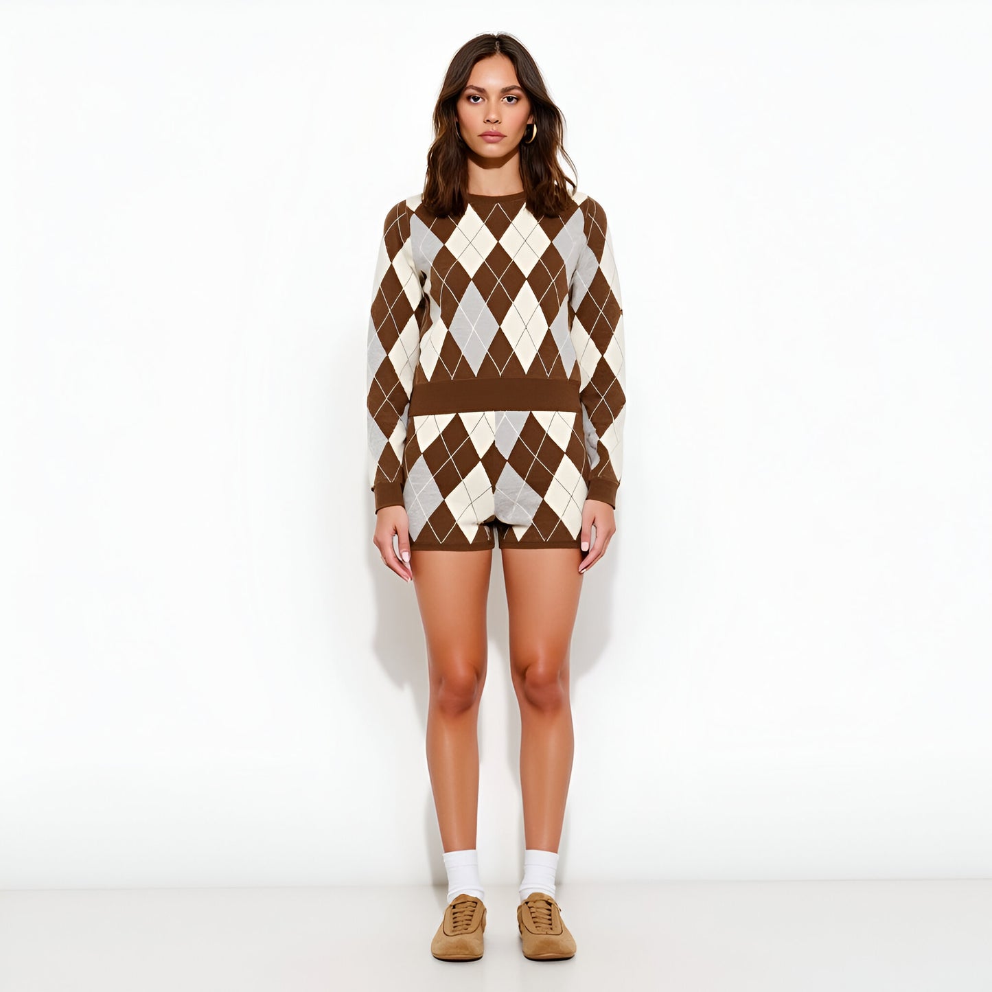 Argyle Knit High Waist Shorts with Ribbed Waistband and Fitted Hem