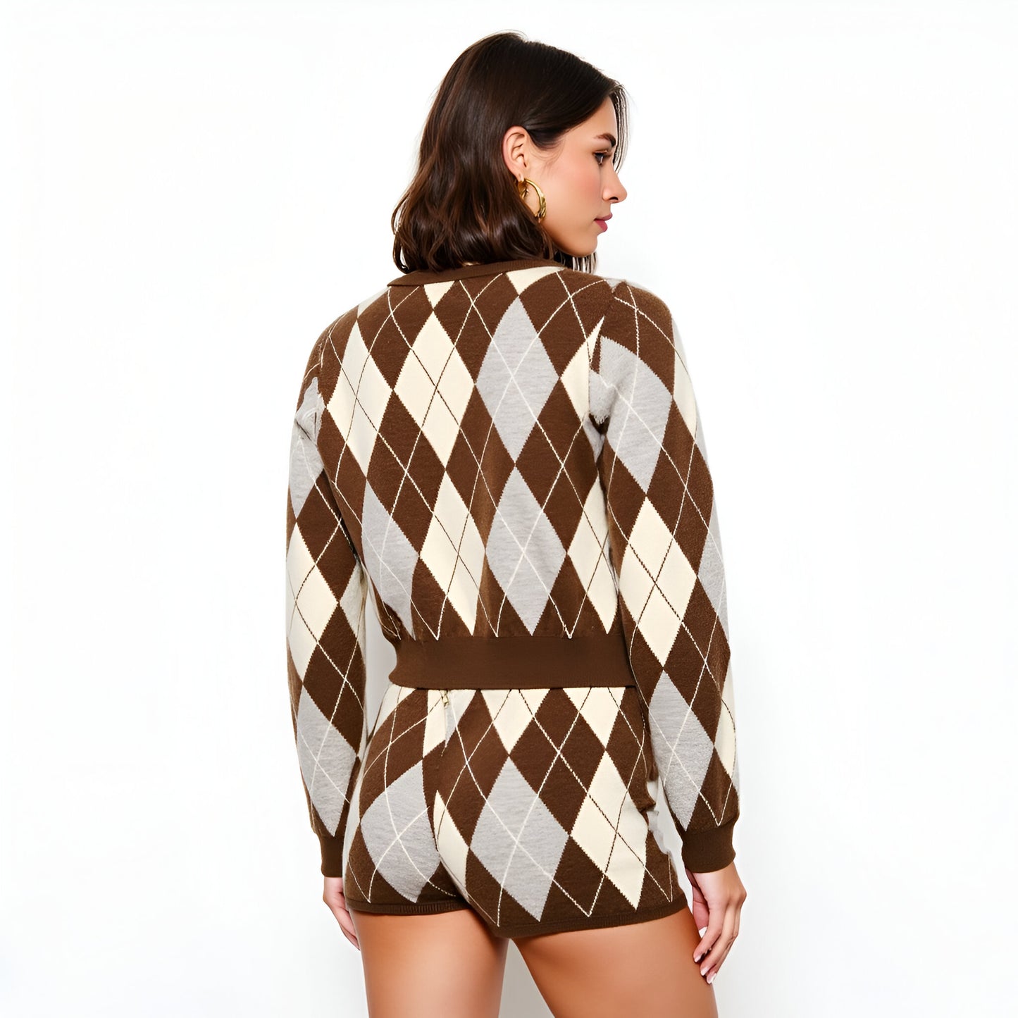 Argyle Button-Front Knit Cardigan with Ribbed Hem and Long Sleeves