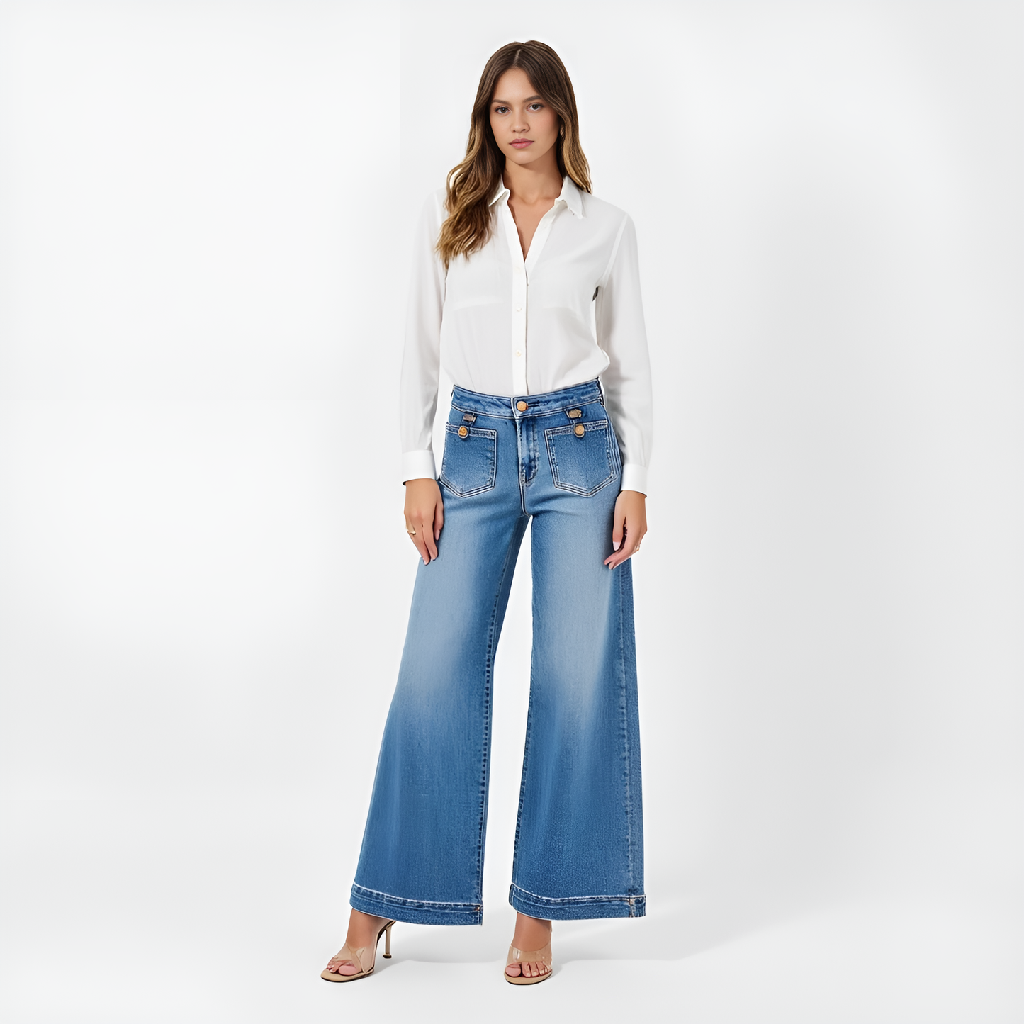 High Waist Wide-Leg Jeans with Buttoned Patch Pockets and Rolled Hem